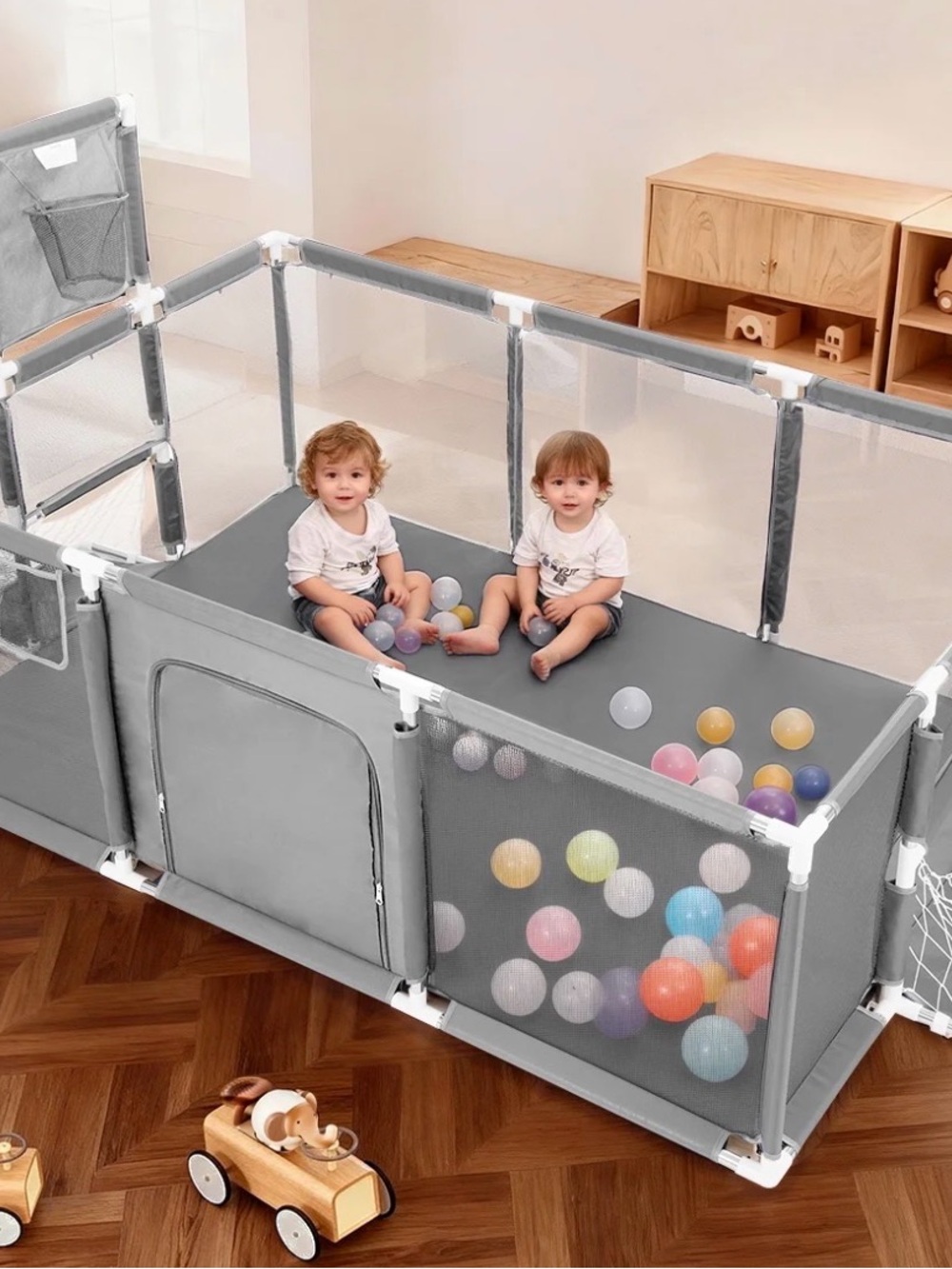 Gray Kids Playpen with Soft Ball Pit - Safe Toddlers Play Area